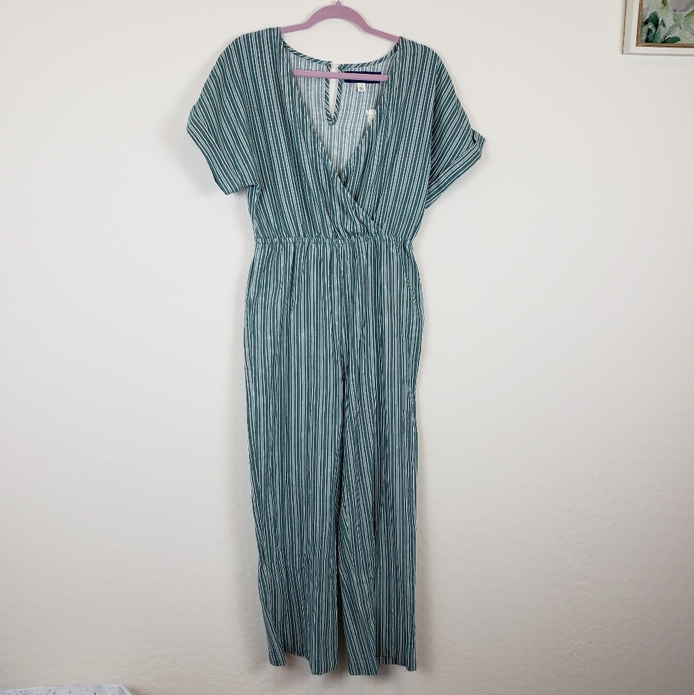 NWT Francesca's jumpsuit green striped wrap front